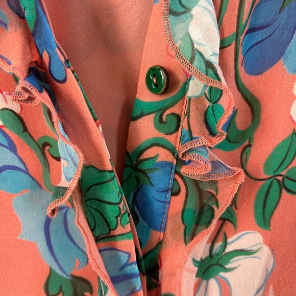 Saloni Shirt Dress Tilly 100% Silk Pink Floral Button Up Ruffle Sleeveless SZ4 - Picture 9 of 13